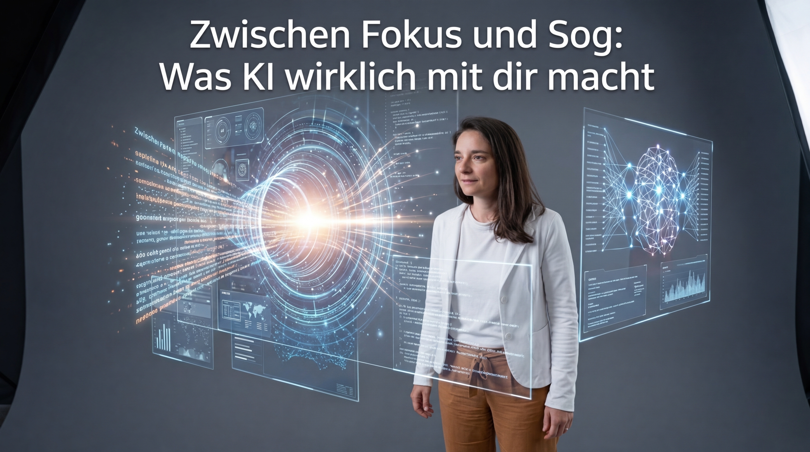 Füge noch die Überschrift in das Bild ein: Zwischen Fokus und Sog: Was KI wirklich mit dir macht