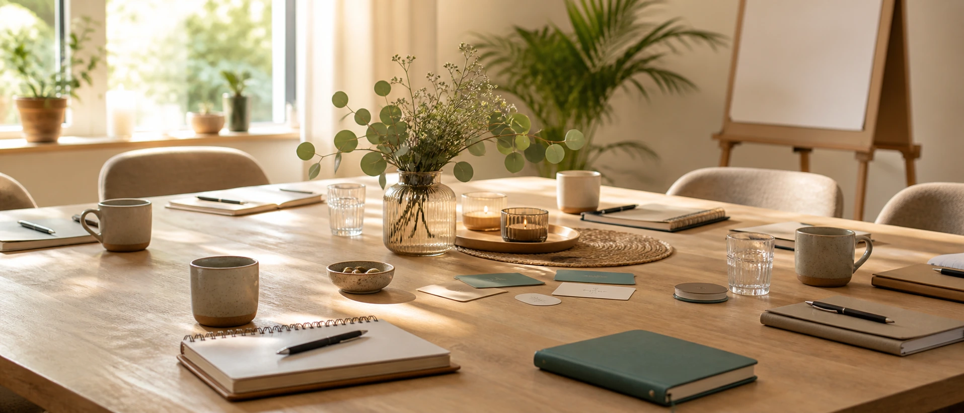 Ruhiger Workshop-Tisch mit Notizbüchern und Tee