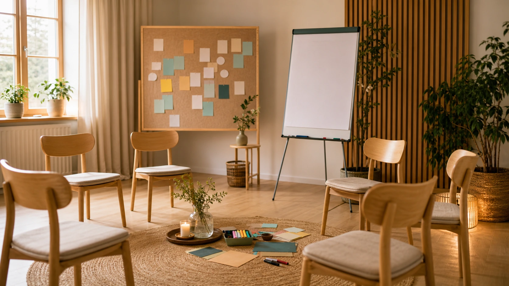 Heller Workshopraum mit Stühlen, Flipchart und Moderationskarten