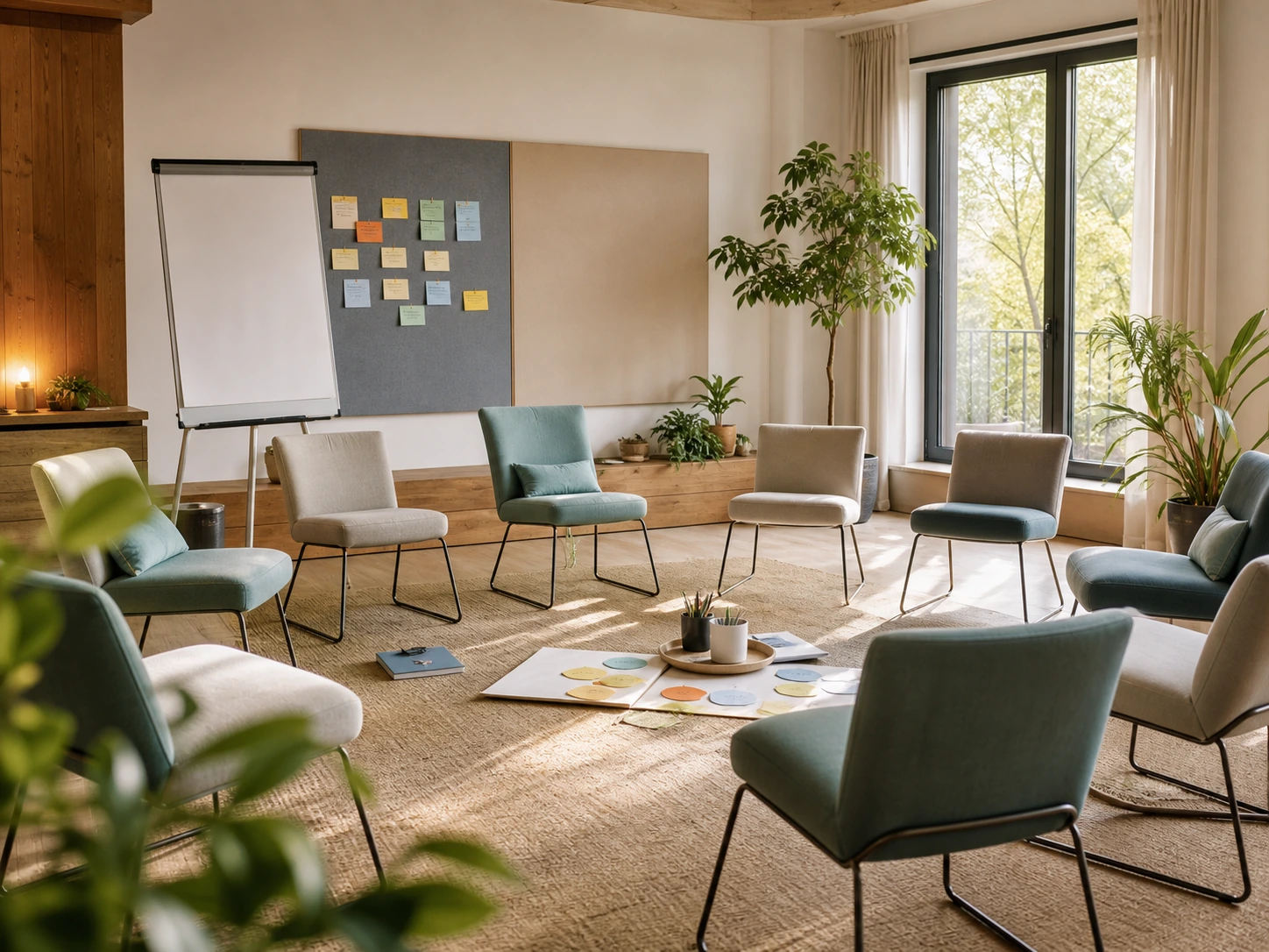 Helles Workshopsetting mit Stühlen, Flipchart und Moderationskarten