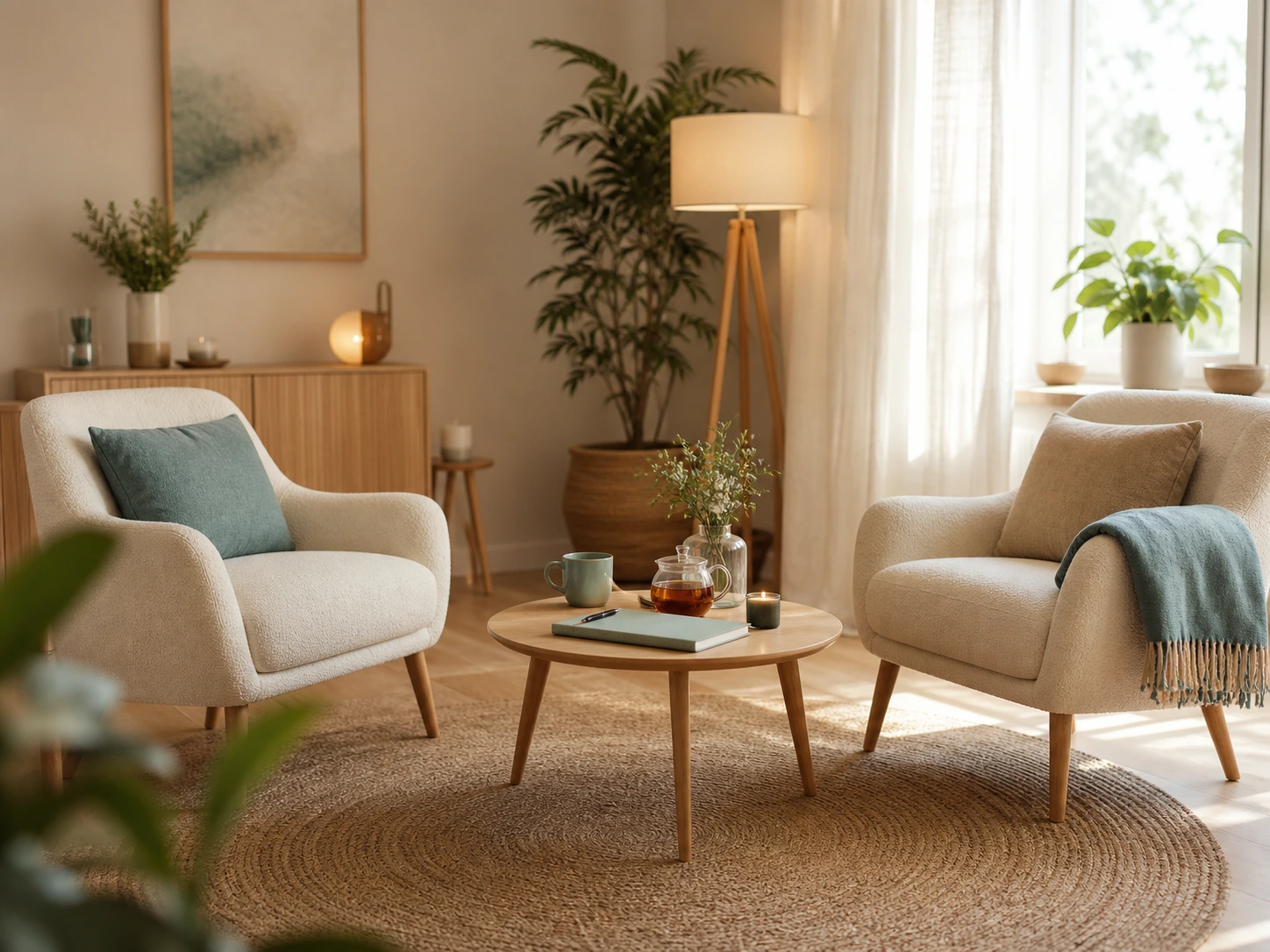 Warmer Coachingraum mit zwei Sitzplätzen, Notizbuch, Tee und Pflanzen
